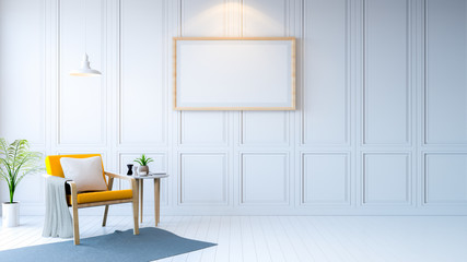 white modern room interior,yellow arm chair with white table and mock up frame  /3d rendering