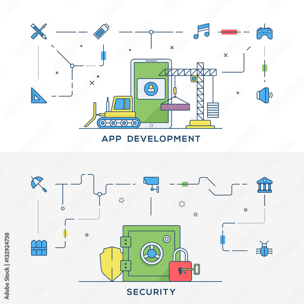 Wall mural set of flat line business website banner templates. app development. security. vector illustration c