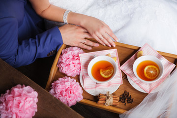 Tea time for two person, fall in love, warm tea with spices. Selective focus