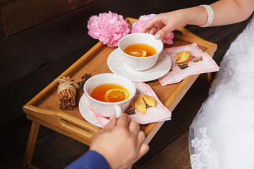 Tea time for two person, fall in love, warm tea with spices. Selective focus
