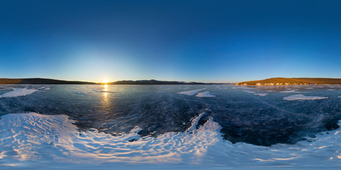 Spherical Panorama 360 180 degree sunrise on the island of Olkho