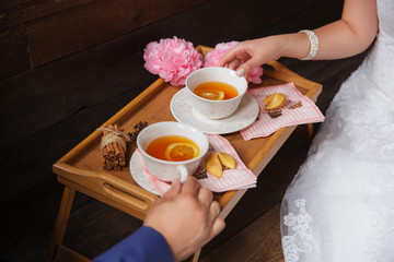 Tea time for two person, fall in love, warm tea with spices. Selective focus