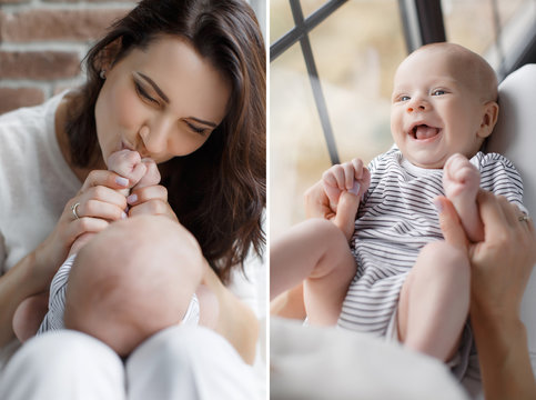 A collage of two photos,a young mother,brunette with long thick hair,doing exercises her newborn son,the baby is dressed in a white tee shirt and panties  stripes,mother kissing the baby pens