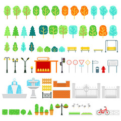 Fototapeta na wymiar City and park map vector elements in flat design with tree, bush, bench, swing, lamp, station, traffic light, signs, pointer, bulletin board, fountain, fence, hedge, flowerbed for infographic design