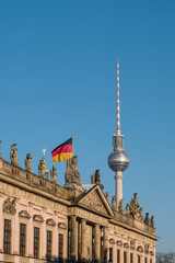 Berlin, Tv tower ,historic building (Zeughaus) and german flag