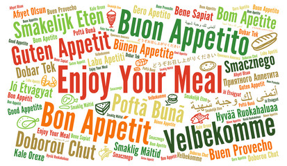 Enjoy your meal in different languages word cloud
