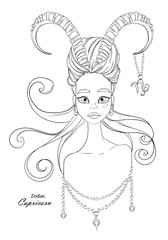 Capricorn zodiac sign as a beautiful girl with decorative ornaments. Line vector illustration.