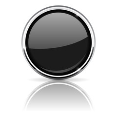 Black glass button with chrome frame - obrazy, fototapety, plakaty