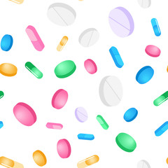Vector seamless pattern tablets and pills on a white background