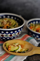Noodles with meat, zuccini and kale