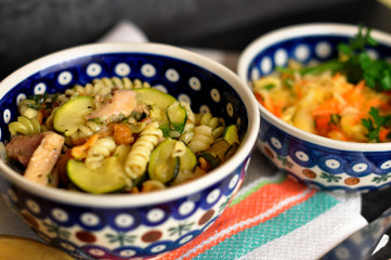 Noodles with meat, zuccini and kale