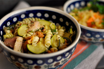 Noodles with meat, zuccini and kale