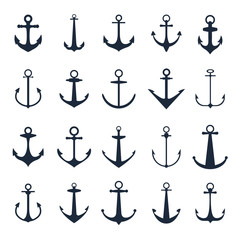 Anchor icons. Vector boat anchors isolated on white background for marine tattoo or logo - obrazy, fototapety, plakaty