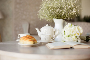 Morning. breakfast for two person. Tea time. Selective focus