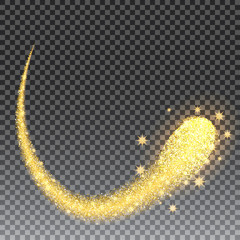Gold glittering stars dust trail sparkling particles on black background. Space glitter comet tail. Vector illustration. © klerik78