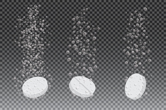 Soluble drug with fizzy trace isolated on checkered background, vector illustration. Vitamin in water effervescent , three dissolving tablets.