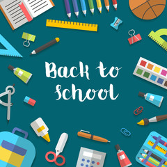 Back to school banner flat randomly arranged education icon set. School supplies book, album, pencil, paint, pen, brush, ruler, scissors etc Vector illustration