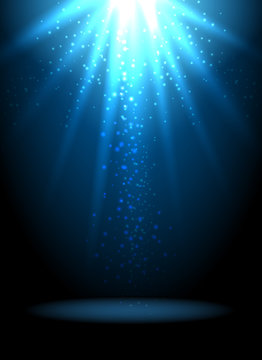Magic light vector background. Blue holiday spotlight wallpaper with stars or sparkles