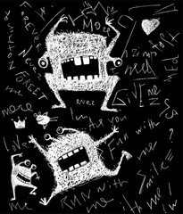 Hairy freaky creature monster monochrome scribble cartoon on black
