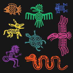 Vector aztec symbols or inca pattern culture signs isolated on black background