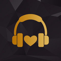 Headphones with heart. Golden style on background with polygons.
