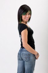 beautiful hair blacks woman dressing black shirt and blue jeans. isolated studio portrait on white background.