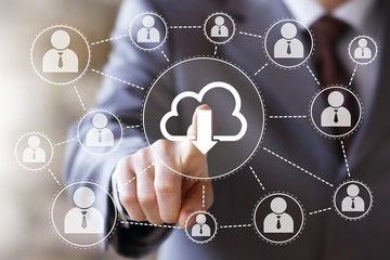 Businessman pressing button download cloud network icon