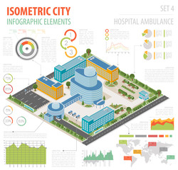 Flat 3d isometric clinic complex and city map constructor elemen