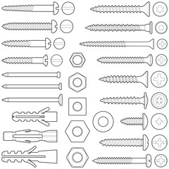 Screws / nuts / nails and wall plugs collection - vector line illustration - obrazy, fototapety, plakaty