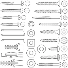 Fotobehang Screws / nuts / nails and wall plugs collection - vector line illustration © Hein Nouwens