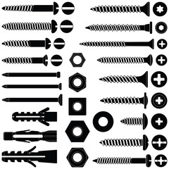 Screws / nuts / nails and wall plugs collection - vector silhouette  - obrazy, fototapety, plakaty