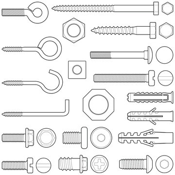 Wall Hooks / Bolts / Nuts And Wall Plugs Collection - Vector Illustration