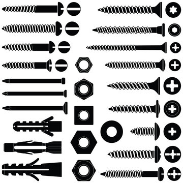 Screws / nuts / nails and wall plugs collection - vector silhouette 