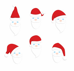 Set of Santa Claus faces. Christmas clothes holiday elements on blue background