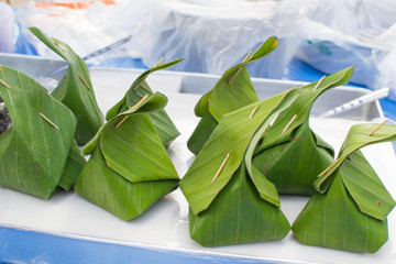 Thai dishes, palm leaf with rice