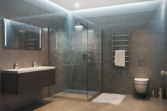 Gray modern shower room in the evening