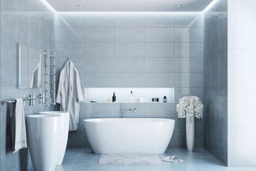 Gray modern bathroom in the daylight - obrazy, fototapety, plakaty