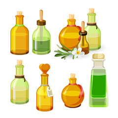 Colourful bottles with aroma oils isolated on white background. Vector