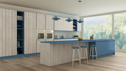 Minimalistic kitchen with wooden and blue details, scandinavian