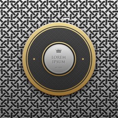 Round text banner template on silver/platinum metallic background with seamless geometric pattern. Elegant luxury style.