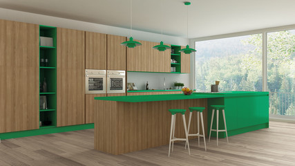 Minimalistic kitchen with wooden and green details, scandinavian