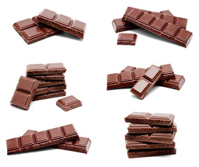 Collection of photos dark milk chocolate bars stack isolated