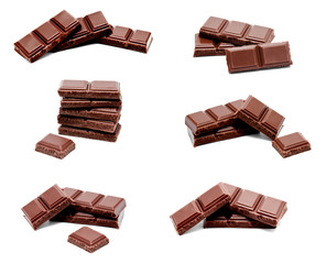 Collection of photos dark milk chocolate bars stack isolated