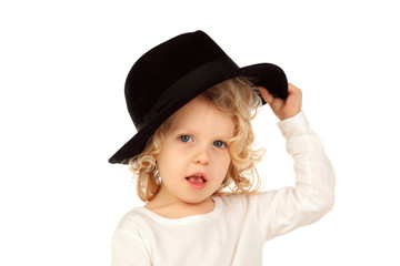 Funny small blond child with black hat