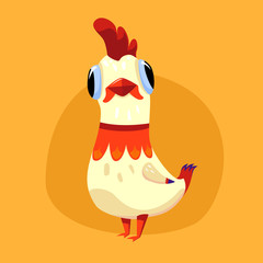 Vector illustration with white cute rooster isolated on a yellow background. New year card with funny cartoon character - the symbol of 2017. Concept for design t-shirt print, poster, stickers
