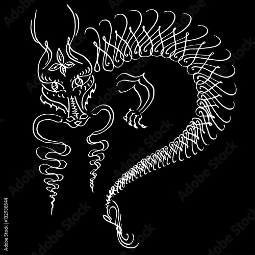 "Calligraphy ink dragon hand drawn by pen in vector" Imagens e vetores