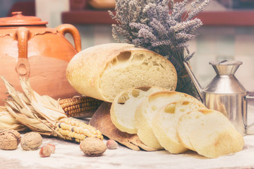 Slices of bread. Composition with bread, flour, corn and other ingredients. Filter applied © EurekA_89 Gervasio S