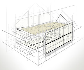 Projekt - szkic - domu jednorodzinnego.  Wizualizacja projektu w perpektywie - obrazy, fototapety, plakaty