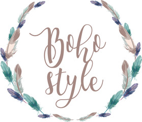 Beautiful feathers wreath with calligraphy inscription Boho Style.Hand drawn vector illustration. Nature background.