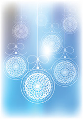 color vector christmas background with balls on blurry blue background